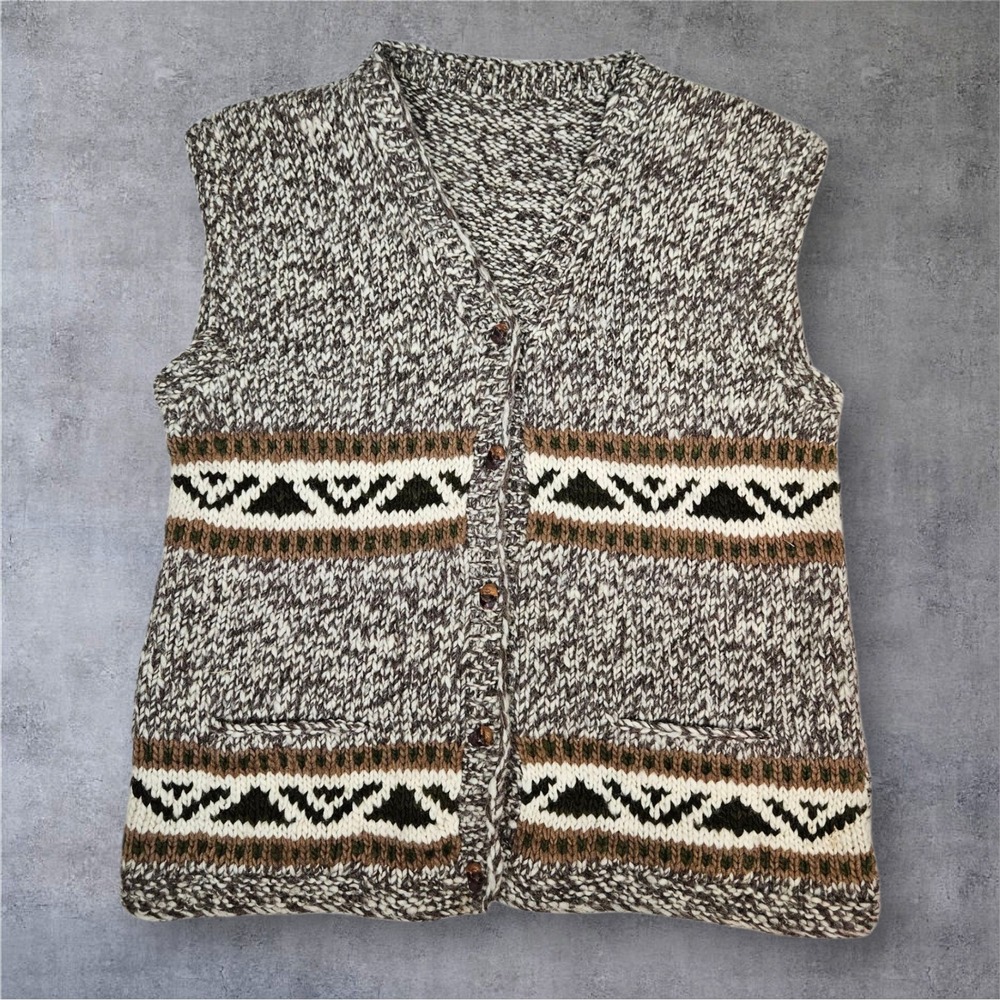Hand Knit Sweater Vest Aztec‎ Pattern Sleeveless Cardigan Nordic Size Large R21